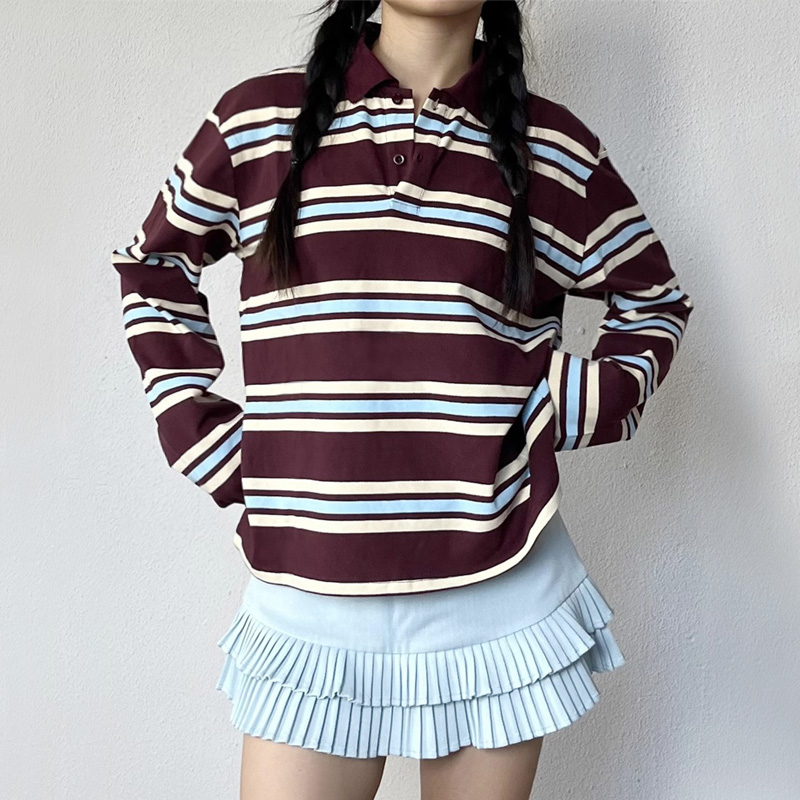 Women'S Fashion Rugby Top - Women's Striped Relaxed Rugby Polo Shirt