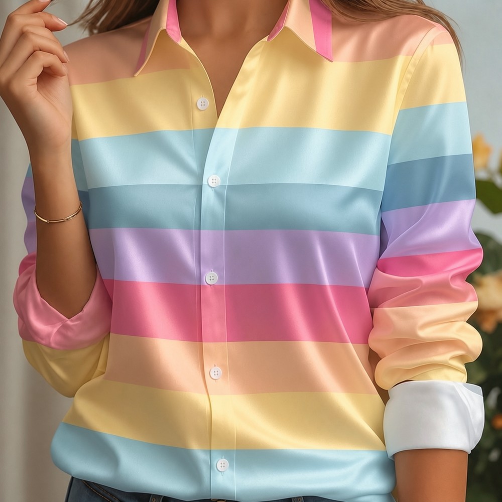 Women Fashion Outfits - Women Satin Lapel Collar Shirt Pastel
