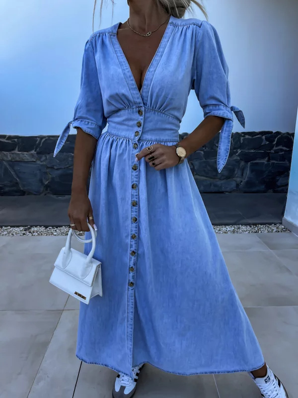 Women Fashion Jeans - Fashionable Denim Dress V-Neck Short Sleeve